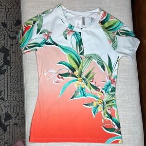 Trina Turk NWT Tropical Floral Swim‎ Tee Rash Gaurd - White and Coral- Medium